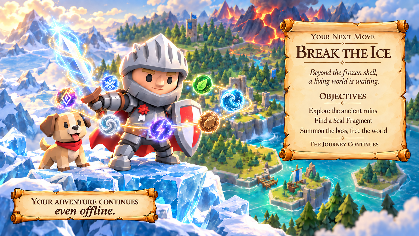 Beyond the Eight™ concept artwork showing a knight setting out across a fantasy world