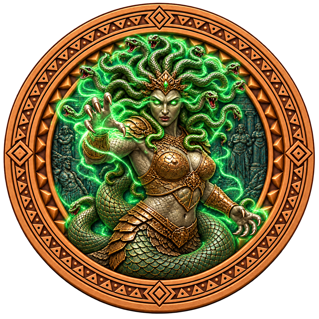 Updated Medusa sculpted wood piece with emerald eyes and glowing snake-hair effects