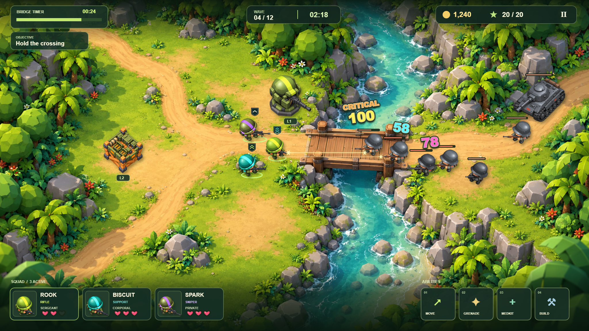 The Tiny Division squad defending a jungle bridge against approaching infantry and a tank