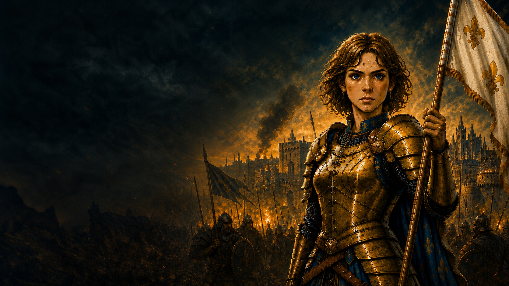 Joan of Arc leading an army before a medieval city