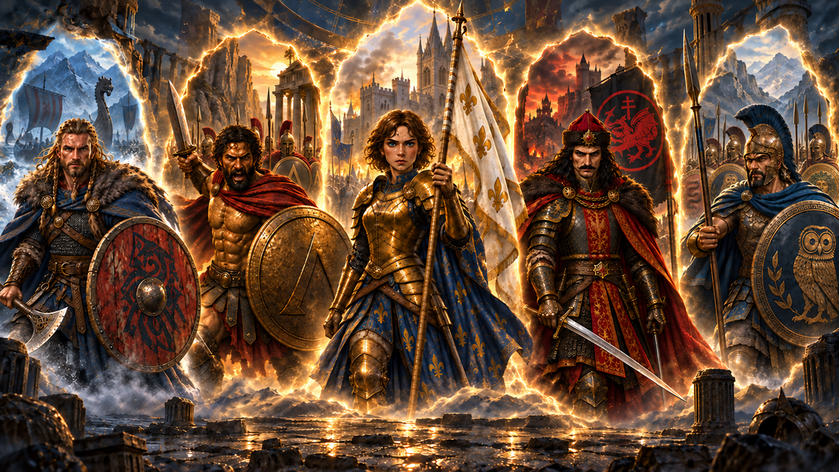 Warriors from different historical eras stand before golden time rifts in Whispers of Endless Ages
